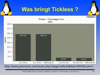 Was bringt Tickless ?




http://www.phoronix.com/scan.php?page=article&item=651&num=1
            DIGICOMP Open Tuesday, Wolfram Luithardt HTA-Freiburg, 05.04.2011   45
 