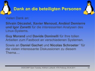 Dank an die beteiligten Personen

Vielen Dank an:
Silvain Décastel, Xavier Menoud, Andéol Demierre
und Igor Zanetti für die interessanten Analysen des
Linux-Systems.
Guy Morand und Davide Doninelli für Ihre tollen
Arbeiten zum Fastboot an verschiedenen Systemen.
Sowie an Daniel Gachet und Nicolas Schroeter ' für
die vielen interessante Diskussionen zu diesem
Thema....



          DIGICOMP Open Tuesday, Wolfram Luithardt HTA-Freiburg, 05.04.2011   52
 