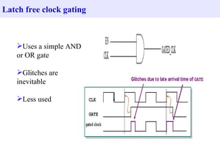 Latch free clock gating



    Uses a simple AND
    or OR gate

    Glitches are
    inevitable

    Less used
 