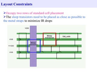 Layout Constraints

 Occupy two rows of standard cell placement
 The sleep transistors need to be placed as close as possible to
 the metal straps to minimize IR drops
 