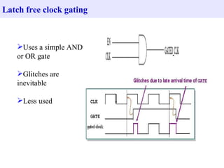 Uses a simple AND or OR gate Glitches are inevitable Less used Latch free clock gating 