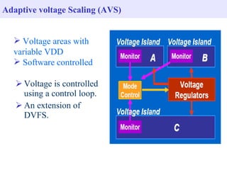 Voltage is controlled using a control loop.  An extension of DVFS. Voltage areas with variable VDD Software controlled Adaptive voltage Scaling (AVS) 