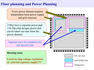 Floor planning and Power Planning Burning issue Local on chip voltage regulation or external separate supply??? Every power domain requires independent local power supply and grid structure May have a separate power pad. In flip-chip designs power pad can be taken out near from the power domain. Separate rows for standard cells and special cells 