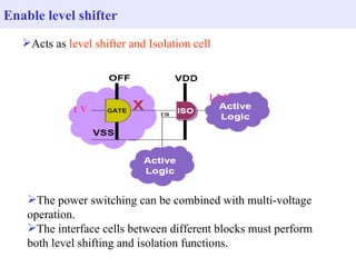 The power switching can be combined with multi-voltage operation. The interface cells between different blocks must perform both level shifting and isolation functions. Enable level shifter Acts as  level shifter and Isolation cell 1 V 1.2 V 