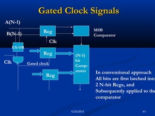 41
Gated Clock SignalsGated Clock Signals
Reg
Reg
Reg
EX-OR
MSB
Comparator
(N-1)
bit
Comp-
arator
Clk Gated clock
A(N-1)
B(N-1)
In conventional approach
All bits are first latched into
2 N-bit Regs, and
Subsequently applied to the
comparator
Clk
12.03.2012
 