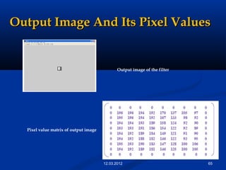 Output Image And Its Pixel ValuesOutput Image And Its Pixel Values
6512.03.2012
Output image of the filter
Pixel value matrix of output image
 