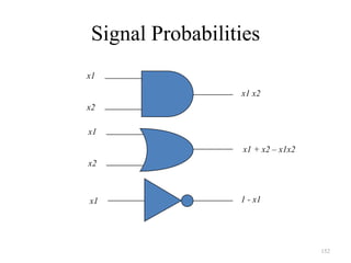 152
Signal Probabilities
x1
x2
x1 x2
x1
x2
x1 + x2 – x1x2
x1 1 - x1
 