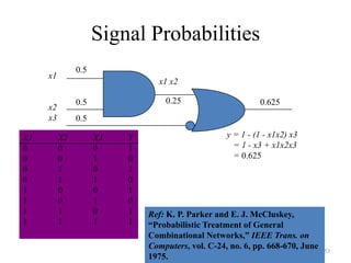 153
Signal Probabilities
x1
x2
x3
x1 x2
y = 1 - (1 - x1x2) x3
= 1 - x3 + x1x2x3
= 0.625
X1 X2 X3 Y
0 0 0 1
0 0 1 0
0 1 0 1
0 1 1 0
1 0 0 1
1 0 1 0
1 1 0 1
1 1 1 1
0.5
0.5
0.5
0.25 0.625
Ref: K. P. Parker and E. J. McCluskey,
“Probabilistic Treatment of General
Combinational Networks,” IEEE Trans. on
Computers, vol. C-24, no. 6, pp. 668-670, June
1975.
 