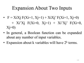159
Expansion About Two Inputs
• F = XiXj F(Xi=1, Xj=1) + XiXj’ F(Xi=1, Xj=0)
+ Xi’Xj F(Xi=0, Xj=1) + Xi’Xj’ F(Xi=0,
Xj=0)
• In general, a Boolean function can be expanded
about any number of input variables.
• Expansion about k variables will have 2k terms.
 