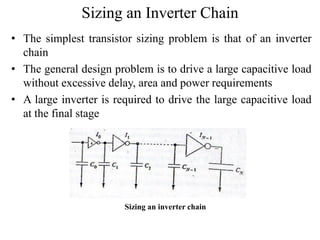 Sizing an Inverter Chain
• The simplest transistor sizing problem is that of an inverter
chain
• The general design problem is to drive a large capacitive load
without excessive delay, area and power requirements
• A large inverter is required to drive the large capacitive load
at the final stage
Sizing an inverter chain
 