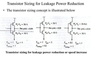 Transistor Sizing for Leakage Power Reduction
• The transistor sizing concept is illustrated below
Transistor sizing for leakage power reduction or speed increase
 