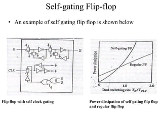 Self-gating Flip-flop
• An example of self gating flip flop is shown below
Flip flop with self clock gating Power dissipation of self gating flip flop
and regular flip flop
 