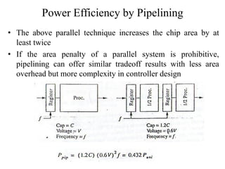 Power Efficiency by Pipelining
• The above parallel technique increases the chip area by at
least twice
• If the area penalty of a parallel system is prohibitive,
pipelining can offer similar tradeoff results with less area
overhead but more complexity in controller design
 