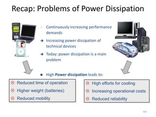 Recap: Problems of Power Dissipation
266
 Continuously increasing performance
demands
 Increasing power dissipation of
technical devices
 Today: power dissipation is a main
problem
 High Power dissipation leads to:
 High efforts for cooling
 Increasing operational costs
 Reduced reliability
 Reduced time of operation
 Higher weight (batteries)
 Reduced mobility
 