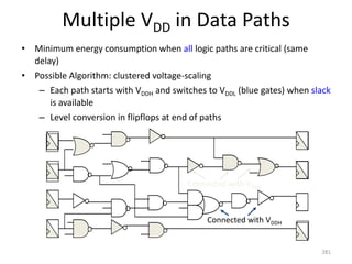 Multiple VDD in Data Paths
• Minimum energy consumption when all logic paths are critical (same
delay)
• Possible Algorithm: clustered voltage-scaling
– Each path starts with VDDH and switches to VDDL (blue gates) when slack
is available
– Level conversion in flipflops at end of paths
281
Connected with VDDL
Connected with VDDH
 
