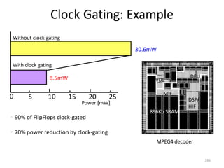 Clock Gating: Example
286
DSP/
HIF
DEU
MIF
VDE
896Kb SRAM
 90% of FlipFlops clock-gated
 70% power reduction by clock-gating
MPEG4 decoder
10
8.5mW
0 155
30.6mW
20 25
Without clock gating
With clock gating
Power [mW]
 