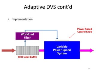 Adaptive DVS cont’d
• Implementation
330
Variable
Power-Speed
System
FIFO Input Buffer
Workload
Filter
Power-Speed
Control Knob
 