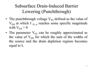 Subsurface Drain-Induced Barrier
Lowering (Punchthrough)
• The punchthrough voltage VPT defined as the value of
VDS at which I D, st reaches some specific magnitude
with VGS = 0
• The parameter VPT can be roughly approximated as
the value of VDS for which the sum of the widths of
the source and the drain depletion regions becomes
equal to L
57
 