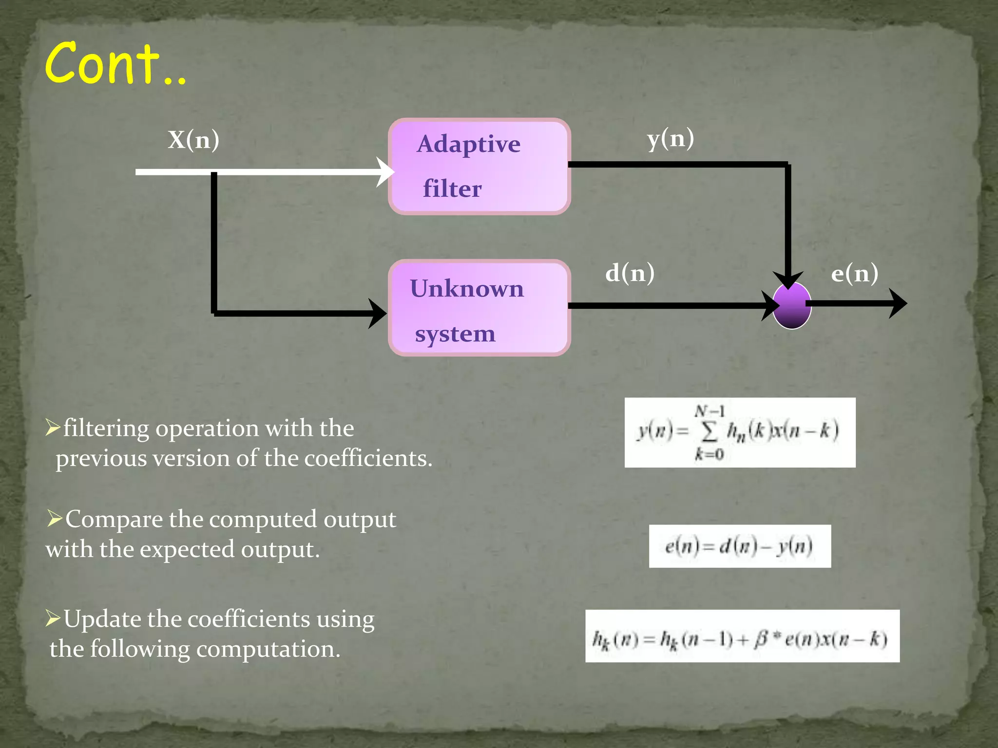 Cont.. e(n) Adaptive filter Unknown system X(n) y(n) d(n) filtering operation with the previous version of the coefficients. Compare the computed output with the expected output. Update the coefficients using the following computation. 