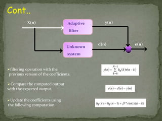 Cont.. 
e(n) 
Adaptive 
filter 
Unknown 
system 
X(n) 
y(n) 
d(n) 
filtering operation with the 
previous version of the coefficients. 
Compare the computed output 
with the expected output. 
Update the coefficients using 
the following computation. 
 