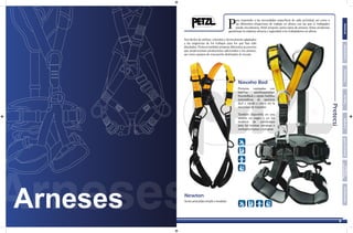 R
P
ara responder a las necesidades específicas de cada actividad, así como a
las diferentes situaciones de trabajo en altura con las que el trabajador
puede encontrarse, Petzl propone varios tipos de arneses. Estos productos
garantizan la máxima eficacia y seguridad a los trabajadores en altura.
Son fáciles de utilizar, cómodos y técnicamente adaptados
a las exigencias de los trabajos para los que han sido
diseñados. Pretecsi también propone diferentes accesorios
que proporcionan prestaciones adicionales a los arneses,
así como equipos de evacuación destinados al rescate.
Perneras equipadas con
hebillas autobloqueantes
DoubleBack o rápido hebillas
automáticas de apertura
fácil y rápido y cierre sin la
necesidad de reajustar.
También disponible en una
versión en negro y en los
modelos de certificados
para las normas europeas o
norteamericanas y europeas
Navaho Bod
Newton
Arnés anticaídas simple y modular
Arneses
FerreteríaCuerdasCascosDotación-EPP
Señalización
BotiquínInformaciónConectoresArneses
R
5
 