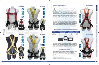 CL0657 RL3800
CL0400DT
CL0405DTRL3900KV04X
Línea Dieléctrica
Propiedades de los materiales dieléctricos
Especificaciones técnicas
A
rneses multipropósito de 4 puntos con argollas de
anclaje tipo “D” dieléctricas, una en la espalda para
detención de caídas, dos laterales en la cintura para
posicionamiento y una en el pecho para rescate, ascenso y
descenso por estructuras, regulables en pecho, cintura y piernas.
Ideal para trabajos de posición estando apoyado sobre las
piernas en escaleras, postes, redes, sub-estaciones, torres,
mantenimiento de luminarias y comunicaciones debido al
recubrimiento dieléctrico de los herrajes.
Los anillos y hebillas dielectricas ORBIT tienen la capacidad
de soportar altos periodos de trabajo sin exponer el nucleo de
acero, ya que usa materiales de optima calidad, desarrollados
para la fabricación de piesas de alto impacto en ingenieria.
Los anillos y hebillas dielectricas ORBIT tienen la capacidad
de soportar altos periodos de trabajo sin exponer el nucleo de
acero, ya que usa materiales de optima calidad, desarrollados
para la fabricación de piesas de alto impacto en ingenieria.
Núcleo de acero 100% recubierto con Nylon 6/6 testado a 3.600
libras (16 KN); 100% resistencia a la tracción 5.000 libras.
Un segundo proceso sobre-modelado utilizando Nylon 6/6 con
30% fibra de vidrio - ceramica y aditivo retardante por
degradación a la luz ultravioleta.
Resistencia dieléctrica. 23KV
Estandar ANSI Z359. 1 . 2007, CSA Z259.12-01
Nylón 6
Fibra de Vidrio
4.0
7.0
3.6
7.0
20
10
10 - 15
10 - 15
MATERIAL CONSTANTE DIELÉCTRICA
(a 60 Hz) (a 10 Hz)
RESISTENCIA
DIELÉCTRICA (10 V/m)
MATERIAL
( ohms. cm )
FerreteríaCuerdasCascosDotación-EPP
Señalización
BotiquínInformaciónConectoresArneses
8 9
 