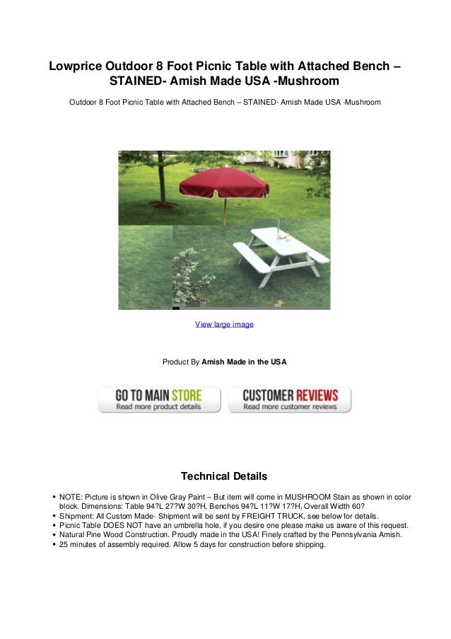 Lowprice Outdoor 8 Foot Picnic Table With Attached Bench Stained A