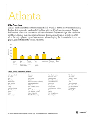 Atlanta
 City Overview
 Atlanta has become the southern mecca of cool. Whether it’s the latest trends in music,
 food or design, the city has long left its Gone with the Wind tags in the dust. Atlanta
 has become a ﬁrst-rate foodie town with top chefs and ﬁve-star ratings. The city limits
 are ﬁlled with awe-inspiring spaces, talented designers and renown architects. With
 all of the major players, up-and-comers and what’s shaping the future of the city on our
 pages, 944 isn’t Hotlanta, we are Nowlanta.


                39
Percentages




                                                                   19
                          11            10          13
                                                                                              7
                                                                                 1
              Dining    B2B           Lounge      Spa          Luxury Hotels Transport     Retail
              Café      Newsstands    Nightclub   Salon                      Auto Retail
              Grocery   944 Locations Events      Fitness
                        Direct/Condos             Medical




 Other Local Distribution Partners

 10 Degrees South                      Intermix                            Q100 Radio Station         The Mansion
 30 Tables                             Je ery                              Rathbun’s Steak            The Tavern
 AJA                                   LA Fitness                          Sage Boutique              Tongue & Groove
 Arista Spa                            Market                              Sauced Restautant          Tuk Tuk
 Bill Hallman                          Mercedes-Benz of Buckhead           Serpas Restaurant          Twist
 Blue Med Spa                          Metropolis Building                 Sotto Sotto                Two Urban Licks
 Cantina                               MF Sushi                            Spa Sydel                  Urban Body Fitness
 Craft                                 Nan Thai Fine Dining                Spice Market               Van Michael Salon
 Dass Salon & Spa                      Nava                                Spire Building – Midtown   Whiskey Blue
 David Yurman                          Octane Co ee & Lounge               Stats                      Whiskey Park
 Fabrik                                One Midtown Kitchen                 Swank
 Fritti                                Opera Nightclub                     The Flying Buiscuit
 Halo Lounge                           Palm Beach Tanning                  The Livingston




 To become a distribution partner, contact your local representative or sales@944.com
 