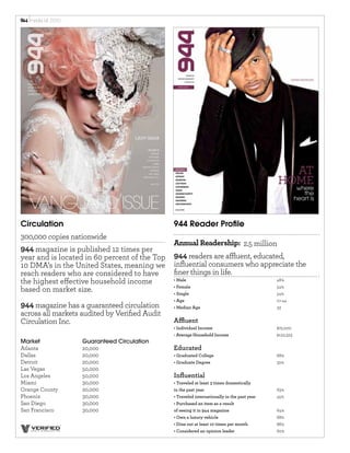 media	
  kit	
  2010




Circulation                                        944 Reader Proﬁle
300,000 copies nationwide
                                                   Annual Readership: 2.5 million
944 magazine is published 12 times per
year and is located in 60 percent of the Top       944 readers are a uent, educated,
10 DMA’s in the United States, meaning we          inﬂuential consumers who appreciate the
reach readers who are considered to have           ﬁner things in life.
the highest e ective household income                                            46%

based on market size.                                                            54%
                                                                                 54%
                                                                                 21-44
944 magazine has a guaranteed circulation                                        32
across all markets audited by Veriﬁed Audit
Circulation Inc.
                                                                                 $72,000
                                                                                 $122,323
Market                    Guaranteed Circulation
Atlanta                   20,000                   Educated
Dallas                    20,000                                                 68%
Detroit                   20,000                                                 32%
Las Vegas                 50,000
Los Angeles               50,000                   Inﬂuential
Miami                     30,000
Orange County             20,000                                                 63%
Phoenix                   30,000                                                 45%
San Diego                 30,000
San Francisco             30,000                                                 64%
                                                                                 68%
                                                                                 86%
                                                                                 60%
 
