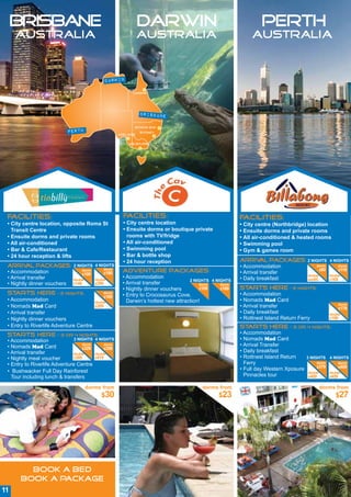 BRISBANE                                                    DARWIN                                              PERTH
     AUSTRALIA                                                   AUSTRALIA                                       AUSTRALIA


                                               DARWIN
                                                            Cairns




                                                                 BRISBANE

                                                             BYRON BAY
                             PERTH                    Adelaide
                                                                 SYDNEY


                                                           Melbourne




 Facilities:                                            Facilities:                                         Facilities:
 • City centre location, opposite Roma St               • City centre location                              • City centre (Northbridge) location
   Transit Centre                                       • Ensuite dorms or boutique private                 • Ensuite dorms and private rooms
 • Ensuite dorms and private rooms                        rooms with TV/fridge                              • All air-conditioned & heated rooms
 • All air-conditioned                                  • All air-conditioned                               • Swimming pool
 • Bar & Cafe/Restaurant                                • Swimming pool                                     • Gym & games room
 • 24 hour reception & lifts                            • Bar & bottle shop
                                                        • 24 hour reception                                 Arriv packages: 2 NIGHTS
                                                                                                                 al                                  4 NIGHTS
 Arriv packages:
      al                      2 NIGHTS 4 NIGHTS
                                              dorm
                                                                                                            • Accommodation                  dorm        dorm
                                   dorm                 Adventure packages:                                                                   $60        $119
 • Accommodation                   $100       $190                                                          • Arrival transfer
                                                        • Accommodation                                                                  double      double
 • Arrival transfer           double      double                                     2 NIGHTS    4 NIGHTS   • Daily breakfast            AU$85       $169
 • Nightly dinner vouchers    $140        $290          • Arrival transfer               dorm       dorm
                                                        • Nightly dinner vouchers         $109      $169    Starts Here          – 2 nights:
 Starts Here           – 2 nights:             dorm
                                                        • Entry to Crocosaurus Cove,                        • Accommodation
                                               $169
 • Accommodation                          double          Darwin’s hottest new attraction!                  • Nomads Mad Card
                                                                                                                                                         dorm
 • Nomads Mad Card                        $209                                                              • Arrival transfer                           $179
 • Arrival transfer                                                                                         • Daily breakfast                        double
 • Nightly dinner vouchers                                                                                  • Rottnest Island Return Ferry           $199

 • Entry to Riverlife Adventure Centre                                                                      Starts Here          – 3 or 4 nights:
 Starts Here           – 3 or 4 nights:                                                                     • Accommodation
 • Accommodation               3 NIGHTS 4 NIGHTS                                                            • Nomads Mad Card
 • Nomads Mad Card                 dorm      dorm                                                           • Arrival Transfer
                                   $329      $359
 • Arrival transfer           double    double
                                                                                                            • Daily breakfast
 • Nightly meal voucher       $389      $419                                                                • Rottnest Island Return     3 NIGHTS    4 NIGHTS
 • Entry to Riverlife Adventure Centre                                                                        Ferry                          dorm        dorm
                                                                                                                                             $379        $409
 • Bushwacker Full Day Rainforest                                                                           • Full day Western Xposure
                                                                                                                                         double      double
   Tour including lunch & transfers                                                                           Pinnacles tour             $409        $459


                                     dorms from                                            dorms from                                             dorms from
                                             $30                                                   $23                                                  $27




        BOOK A BED
      BOOK A PACKAGE
11
 