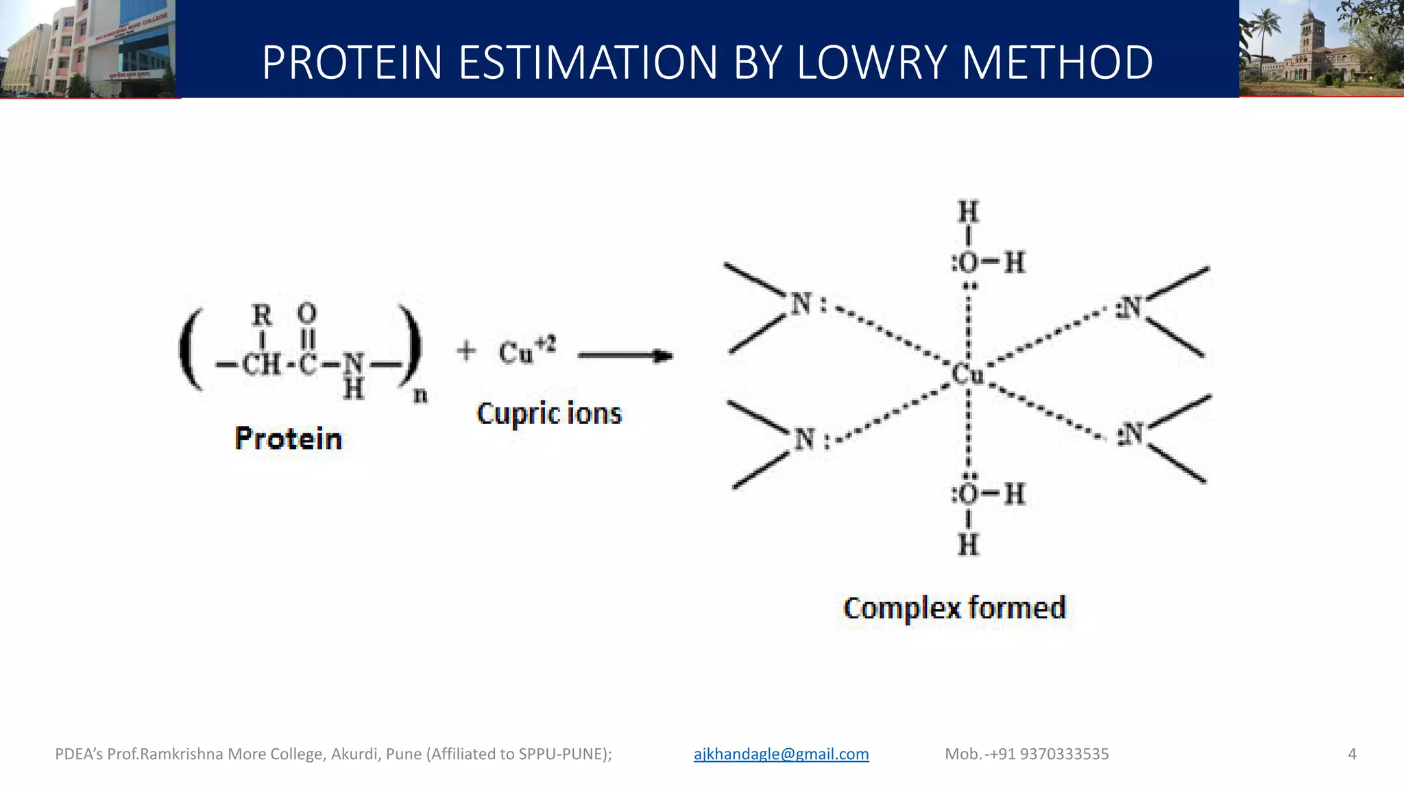 PROTEIN ESTIMATION BY LOWRY METHOD
PDEA’s Prof.Ramkrishna More College, Akurdi, Pune (Affiliated to SPPU-PUNE); Mob.-+91 9370333535ajkhandagle@gmail.com 4
 