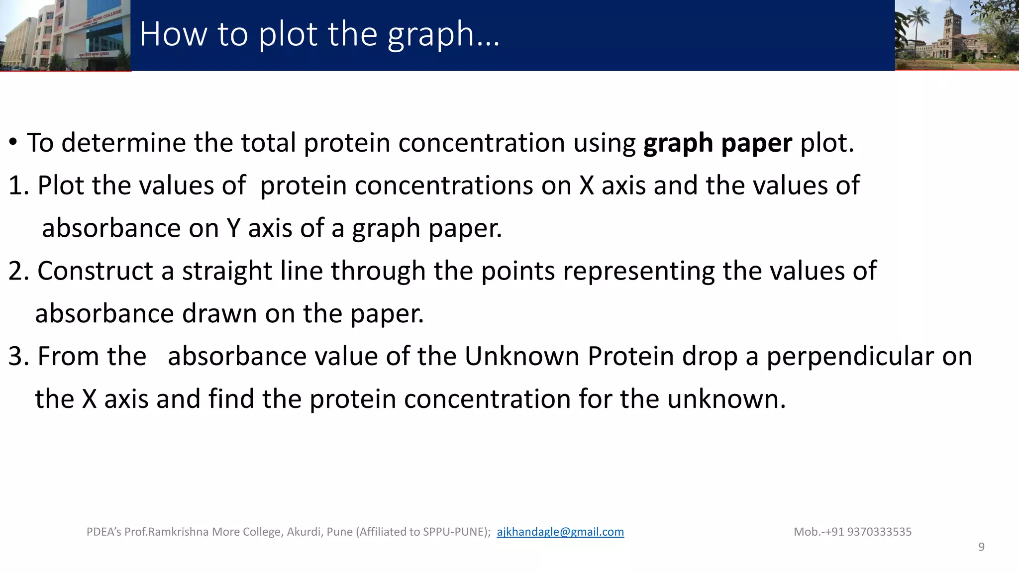 How to plot the graph…
• To determine the total protein concentration using graph paper plot.
1. Plot the values of protein concentrations on X axis and the values of
absorbance on Y axis of a graph paper.
2. Construct a straight line through the points representing the values of
absorbance drawn on the paper.
3. From the absorbance value of the Unknown Protein drop a perpendicular on
the X axis and find the protein concentration for the unknown.
PDEA’s Prof.Ramkrishna More College, Akurdi, Pune (Affiliated to SPPU-PUNE); ajkhandagle@gmail.com Mob.-+91 9370333535
9
 