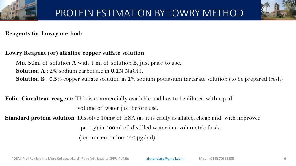 Lowry method for protein estimation