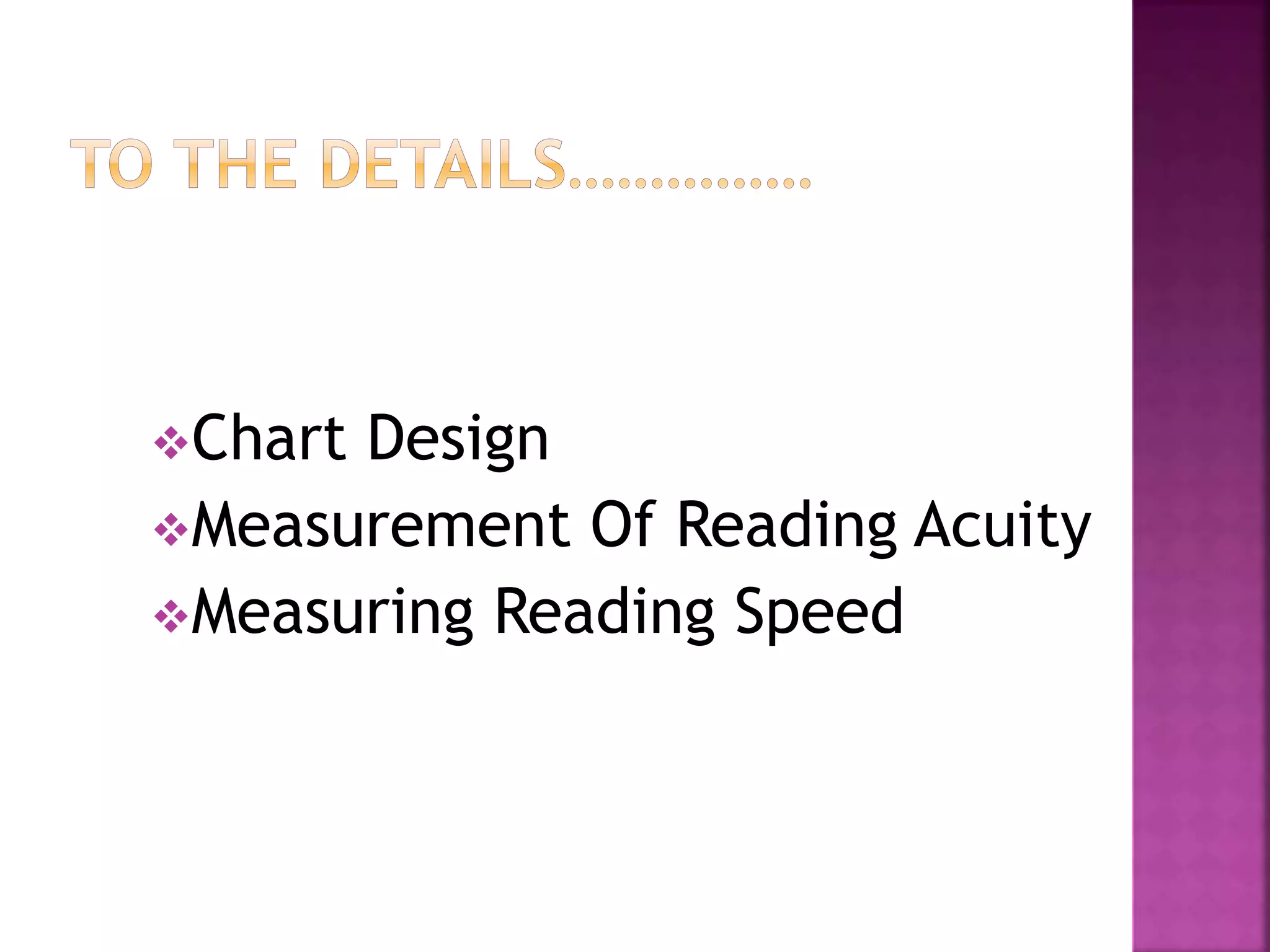 Chart Design
Measurement Of Reading Acuity
Measuring Reading Speed
 