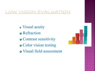 Visual acuity
Refraction
Contrast sensitivity
Color vision testing
Visual field assessment
 