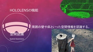 HOLOLENSの機能
空間認識
Spatial Awareness
周囲の壁や床といった空間情報を認識する。
 