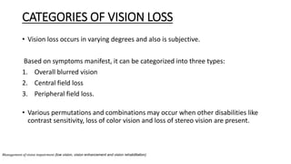 CATEGORIES OF VISION LOSS
• Vision loss occurs in varying degrees and also is subjective.
Based on symptoms manifest, it can be categorized into three types:
1. Overall blurred vision
2. Central field loss
3. Peripheral field loss.
• Various permutations and combinations may occur when other disabilities like
contrast sensitivity, loss of color vision and loss of stereo vision are present.
Management of vision impairment (low vision, vision enhancement and vision rehabilitation)
 