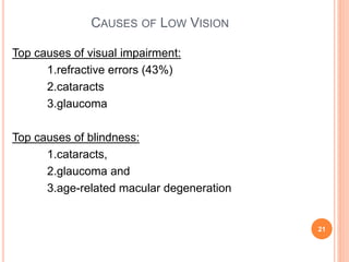 CAUSES OF LOW VISION
Top causes of visual impairment:
1.refractive errors (43%)
2.cataracts
3.glaucoma
Top causes of blindness:
1.cataracts,
2.glaucoma and
3.age-related macular degeneration
21
 