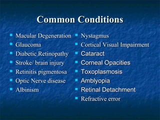 Common ConditionsCommon Conditions
 Macular DegenerationMacular Degeneration
 GlaucomaGlaucoma
 Diabetic RetinopathyDiabetic Retinopathy
 Stroke/ brain injuryStroke/ brain injury
 Retinitis pigmentosaRetinitis pigmentosa
 Optic Nerve diseaseOptic Nerve disease
 AlbinismAlbinism
 NystagmusNystagmus
 Cortical Visual ImpairmentCortical Visual Impairment
 CataractCataract
 Corneal OpacitiesCorneal Opacities
 ToxoplasmosisToxoplasmosis
 AmblyopiaAmblyopia
 Retinal DetachmentRetinal Detachment
 Refractive errorRefractive error
 