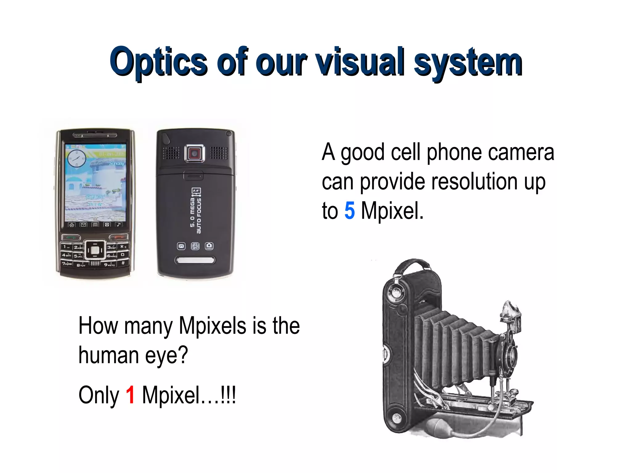 Optics of our visual system

                          A good cell phone camera
                          can provide resolution up
                          to 5 Mpixel.



How many Mpixels is the
human eye?
Only 1 Mpixel…!!!
 