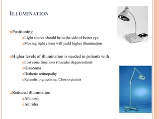 ILLUMINATION
Positioning
Light source should be to the side of better eye
Moving light closer will yield higher illumination
Higher levels of illumination is needed in patients with
Lost cone functions (macular degeneration)
Glaucoma
Diabetic retinopathy
Retinitis pigmentosa, Chorioretinitis
Reduced illumination
Albinism
Aniridia
 