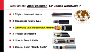 What are the most common LV Cables worldwide ?
 1. Triplex, insulated neutral
 2. Concentric neutral type
 3. 3/N Phase un-shielded with Armour
 4. Typical unshielded
 5. Special French Cable
 6. Special Dutch “Combi Cable”
 