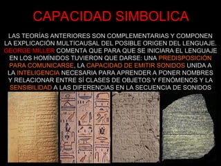 CAPACIDAD SIMBOLICA
LAS TEORÍAS ANTERIORES SON COMPLEMENTARIAS Y COMPONEN
LA EXPLICACIÓN MULTICAUSAL DEL POSIBLE ORIGEN DEL LENGUAJE.
GEORGE MILLER COMENTA QUE PARA QUE SE INICIARA EL LENGUAJE
EN LOS HOMÍNIDOS TUVIERON QUE DARSE: UNA PREDISPOSICIÓN
PARA COMUNICARSE, LA CAPACIDAD DE EMITIR SONIDOS UNIDA A
LA INTELIGENCIA NECESARIA PARA APRENDER A PONER NOMBRES
Y RELACIONAR ENTRE SÍ CLASES DE OBJETOS Y FENÓMENOS Y LA
SENSIBILIDAD A LAS DIFERENCIAS EN LA SECUENCIA DE SONIDOS
 