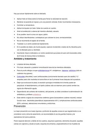 Hay que actuar rápidamente sobre el afectado.
Aplicar hielo en bolsa sobre la herida para frenar la velocidad de reacción.
Mantener al paciente en reposo y en una posición cómoda. Evitar movimientos innecesarios.
Controlar su temperatura.
Aplicar torniquete con hielo. Soltar de cuando en cuando.
Ante la tumefacción o edema del miembro afectado, elevarlo.
Si es posible: lavar la zona con agua y jabón.
No utilizar desinfectantes o antisépticos que coloreen la zona, enmascarándola.
No se recomienda el sajado de la herida.
Trasladar a un centro asistencial rápidamente.
En lo posible (es ideal y de mucha ayuda), capturar el arácnido o restos de él y llevarlos junto
con el afectado para su identidad.
Importante: llevar al afectado a un centro asistencial que posea el suero anti-loxosceles antes
de 6 horas de transcurrida la mordedura.
Antídoto y tratamiento
Limpieza del área afectada.
Frío local, elevación y posterior inmovilización laxa de los miembros afectados.
Para el prurito alérgico ocupar antihistamínicos H1; analgésicos ; dapsona, colchicina (sólo en
cutáneos muy graves).
Corticoides (discutible), suero antiloxosceles (comúnmente llamado suero de caballo) 1-2
ampollas (esto sólo neutraliza la toxina libre en las 6 primeras horas después de la picadura.
Dejar que evolucione la placa, la escisión quirúrgica inmediata de la herida puede ser
perjudicial; el desbridamiento y el injerto cutáneo sólo se reservan para cuando remiten los
signos de inflamación aguda.
Dependiendo del contexto del incidente y del paciente, se debe considerar la administración de
antibióticos y profilaxis antitetánica.
Estar atento a signos de compromiso sistémico grave (loxoscelismo cutáneo-visceral), evaluar
función renal , electrolitos plasmáticos (especialmente el K+), complicaciones cardiovasculares
(EPA, arritmias), alteraciones inmunitarias y endocrinas.
Prevención
La mejor prevención es el aseo riguroso y profundo de aquellas zonas en que regularmente no se
consideren como rutina de aseamiento, es recomendable el uso de guantes livianos y de
aspiradoras de buena potencia.
Poner especial atención a detrás de los cuadros, esquinas superiores, elementos de pared, aquellas
camas con cajonera y zócalo al suelo, esquinas de armarios y especialmente en los muebles de
 