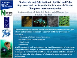 Biodiversity and Calcification in Scottish and Polar
   Bryozoans and the Potential Implications of Climate
             Change on these Communities
    Jen Loxton, J Porter, P Kuklinski, P Cowie, J Mair, M Spencer Jones
                           Oct 2010 - ~Oct 2013




This MASTS PhD concentrates on the effects of seawater temperature, pH,
salinity and carbonate saturation on Scottish and Polar bryozoans by
examining:
     • Mineralogy of calcium carbonate skeletons
    • Ultrastructure of calcium carbonate
    • Growth rates
    • Biodiversity
Benthic organisms such as bryozoans are crucial components of ecosystems
and by completing analysis of vulnerability of Scottish and Polar bryozoans
to changes in environmental conditions we will be in a far better position to
gauge the potential future impacts of climate change on benthic marine
communities
 