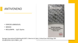 ANTIVENENO
• ESPECIES LOXOSCELES.
• MEXICO
• RECLUSMYN. - Ig G. Equina
Springer International Publishing AG 2017 J. Brent et al. (eds.), Critical Care Toxicology, DOI
10.1007/978-3-319-17900-1_119
 
