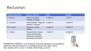 Reclusmyn.
Tiempo de Evolución Signos y sintomas Niños Adultos
1 – 6 horas Dolor local, fiebre,
mialgias, artralgias.
2 viales IV 1 vial IV
6 – 12 horas Placa livedoide, “ Signo de
Bandera –Francesa ”
4 viales IV 2 viales IV
48 -72 Horas Diaforesis, vómito,
cefalea.
4 viales IV 2 viales IV
3 – 10 días Proceso Activo, Estupor,
Infarto de Miocardio,
disfunción miocárdica,
pancreatitis, Hemolisis
4 viales IV 2 viales IV
MORANCHEL-GARCIA, L et al. Evolución clínica de pacientes con loxoscelismo
sistémico y dermonecrótico en un hospital de tercer nivel. Med. interna
Méx. [online]. 2017, vol.33, n.1 [citado 2023-05-26], pp.18-27
 