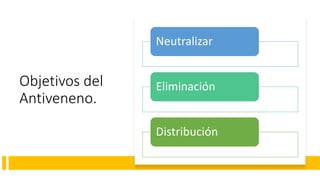 Objetivos del
Antiveneno.
Neutralizar
Eliminación
Distribución
 