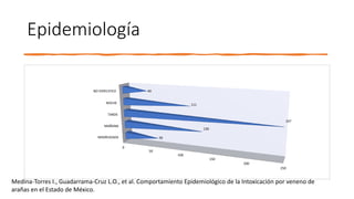Epidemiología
0
50
100
150
200
250
MADRUGADA
MAÑANA
TARDE
NOCHE
NO ESPECIFICO
56
130
247
111
40
Medina-Torres I., Guadarrama-Cruz L.O., et al. Comportamiento Epidemiológico de la Intoxicación por veneno de
arañas en el Estado de México.
 