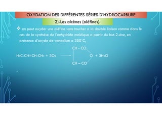  on peut oxyder une oléfine sans toucher a la double liaison comme dans le
cas de la synthèse de l’anhydride maléique a partir du but-2-éne, en
présence d’oxyde de vanadium a 350˚C,
CH - CO
H3C-CH=CH-CH3 + 3O2 O + 3H2O
CH – CO
-
OXYDATION DES DIFFÉRENTES SÉRIES D’HYDROCARBURE
2)-Les alcènes (oléfines).
 